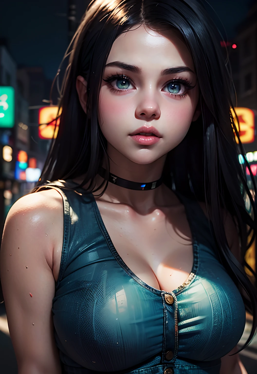 masterpiece, best quality, half body, portrait, night city, 1girl, ((Selena Gomez)), anime, 3D, pixar, realistic, teen girl, smiling, cute face, harajuku fashion style, rain coat, mini top, sexy top, very small top, jeans short, mini short, thigh clothes, beautiful, colourful, neon lights, cyberpunk, smooth skin, illustration, artstation, painting by stanley artgerm lau, sideways glance, foreshortening, extremely detailed 8K, smooth, high resolution, ultra quality, highly detail eyes, highly detail mouth, highly detailed face, perfect eyes, both eyes are the same, true light, glare, Iridescent, Global illumination, real hair movement, real light, real shadow, real face, hd, 2k, 4k, 8k, 16k, realistic light, realistic shadow, bright Eyes, fluorescent eyes, soft light, dream light
