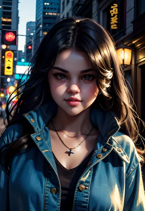 masterpiece, best quality, half body, portrait, night city, 1girl, ((Selena Gomez)), anime, 3D, pixar, realistic, teen girl, smi...