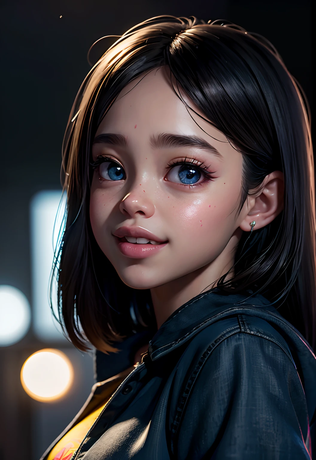 masterpiece, best quality, half body, portrait, night city, 1girl, ((Jenna Ortega)), anime, 3D, pixar, realistic, teen girl, smiling, cute face, harajuku fashion style, rain coat, mini top, sexy top, very small top, jeans short, mini short, thigh clothes, beautiful, colourful, neon lights, cyberpunk, smooth skin, illustration, artstation, painting by stanley artgerm lau, sideways glance, foreshortening, extremely detailed 8K, smooth, high resolution, ultra quality, highly detail eyes, highly detail mouth, highly detailed face, perfect eyes, both eyes are the same, true light, glare, Iridescent, Global illumination, real hair movement, real light, real shadow, real face, hd, 2k, 4k, 8k, 16k, realistic light, realistic shadow, bright Eyes, fluorescent eyes, soft light, dream light