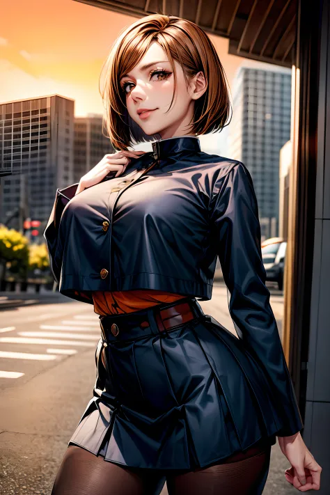 nobara kugisaki, bob cut, (brown eyes:1.5), brown hair, lips, short hair, belt, brown belt, brown pantyhose, crop top, crop top ...