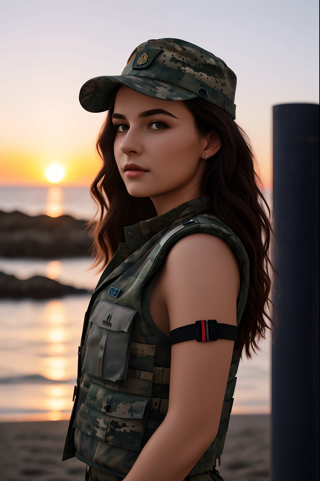 Cute girl with long hair in military uniform with modern armour vest with red armband on her right arm on sunset background with sea, photorealistic, 8k