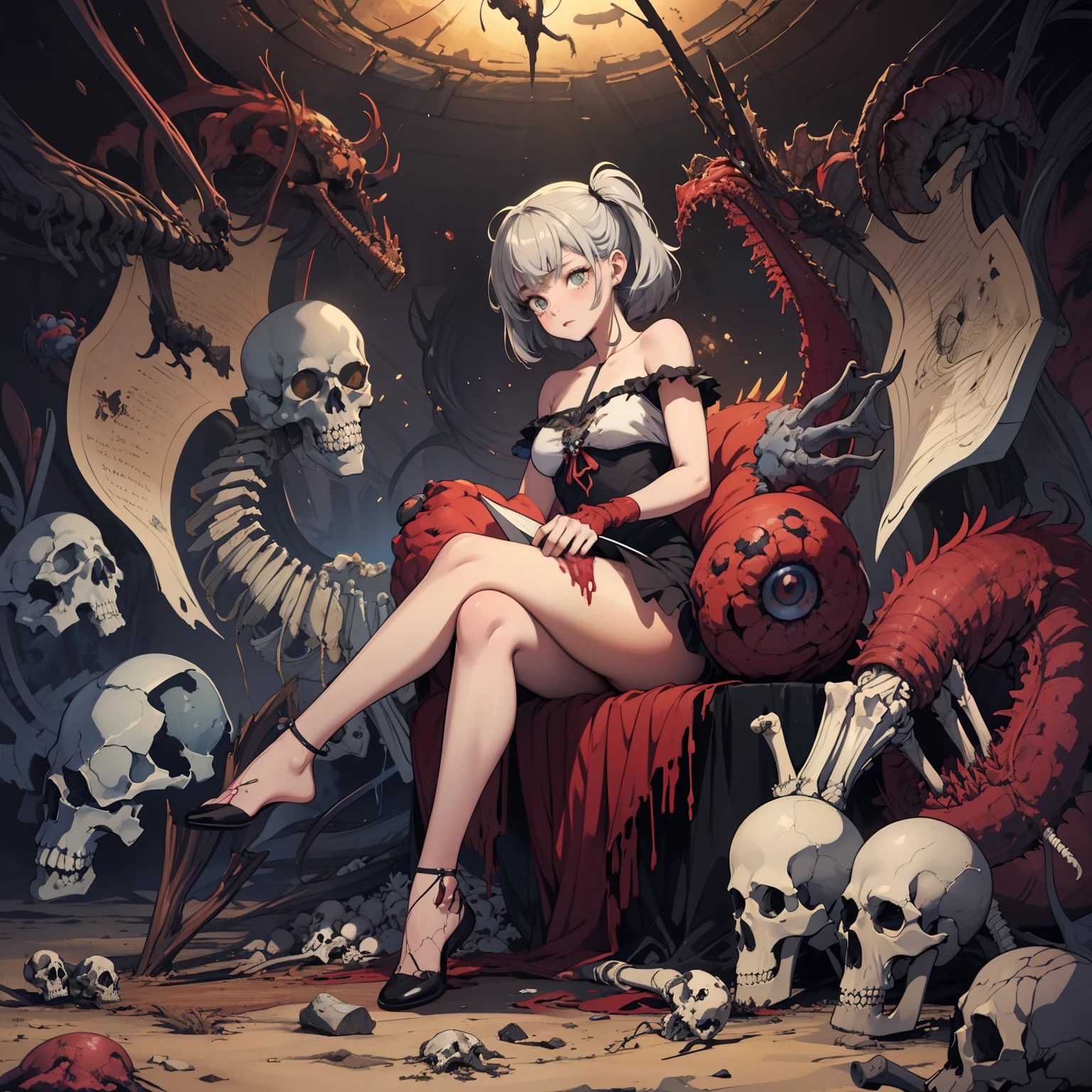 3d anime , Full body view for legs, RT by Cameron Gray Epic Poster, Girl-monster creature sits on a pile of bones and skulls watercolor painting, Jean-Baptiste Monge style, Ablaze, beautiful  in spring, splash, big perfect eyes, Rim lighting, lights, Magic, fancy, digitl art, WLOP, artgerm and james jean, uncanny