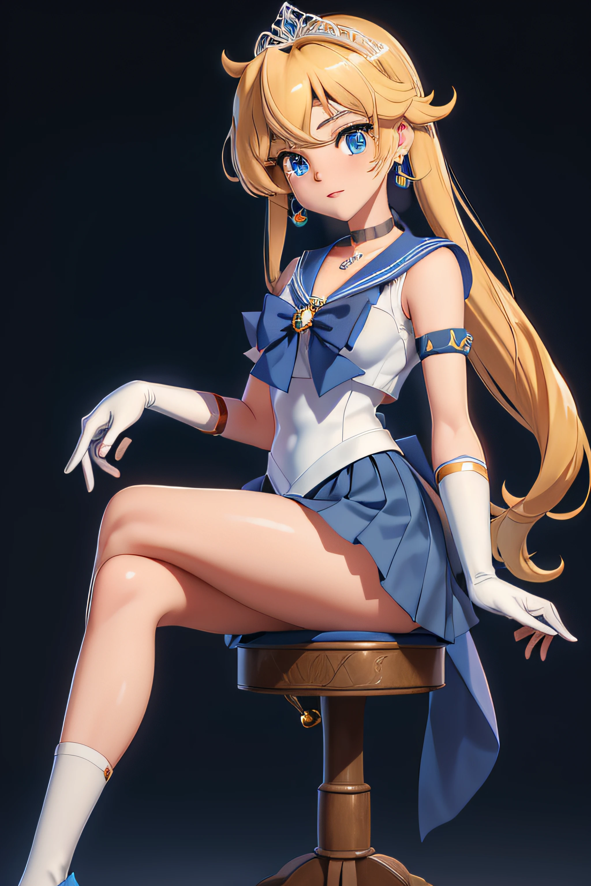 masterpiece, best quality, high resolution, 1 girl, solo, sailor senshi uniform, SMMoon, 1990s \(style\), blonde hair, magical girl, blue eyes, blue skirt, elbow-length gloves, tiara, pleated skirt , blue sailor necklace, miniskirt, choker, blue choker, white gloves, very long hair, jewelry, earrings, sitting, legs crossed, very sexy. CROSING LEGS, SHOW BOOTY
