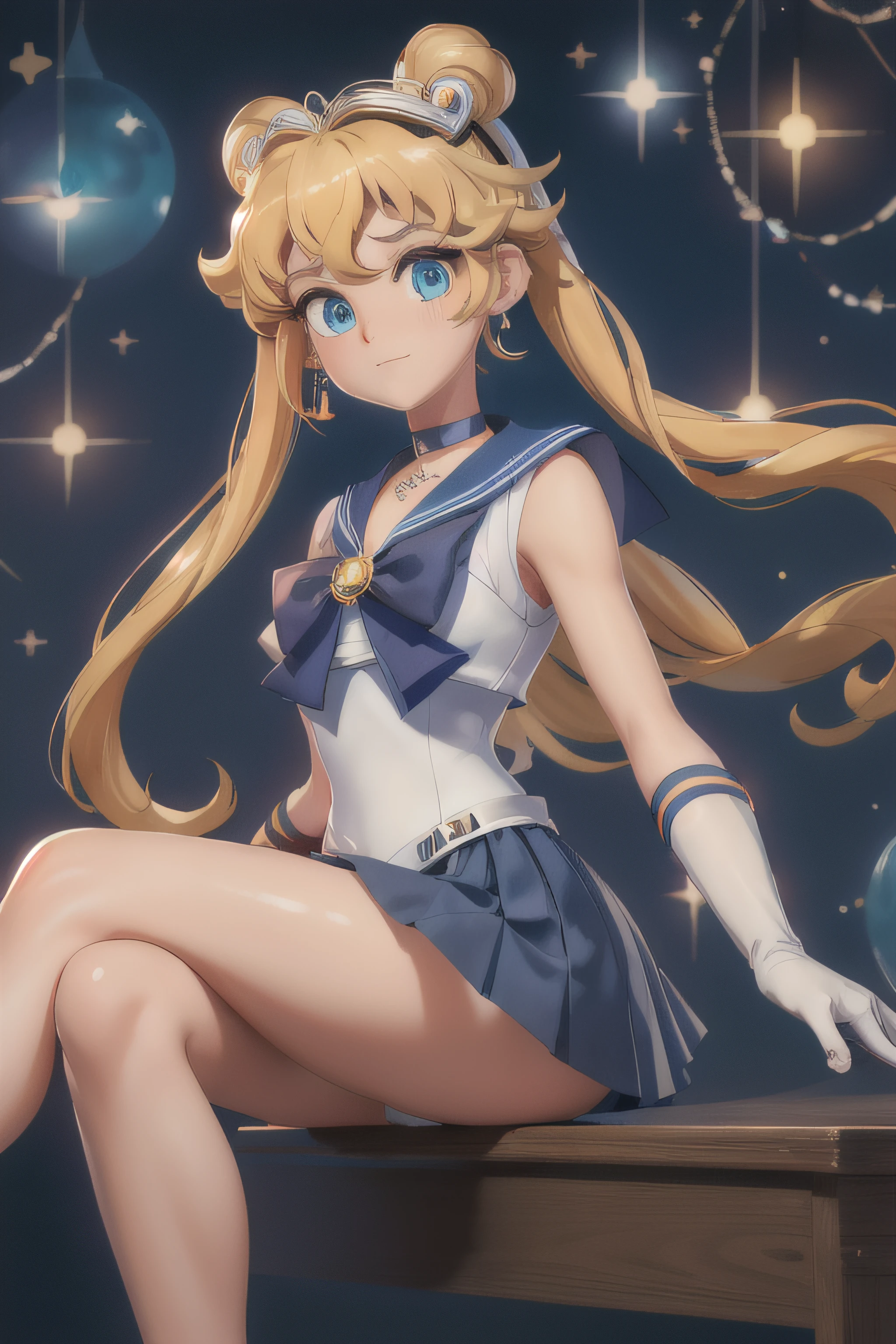 masterpiece, best quality, high resolution, 1 girl, solo, sailor senshi uniform, SMMoon, 1990s \(style\), blonde hair, magical girl, blue eyes, blue skirt, elbow-length gloves, tiara, pleated skirt , blue sailor necklace, miniskirt, choker, blue choker, white gloves, very long hair, jewelry, earrings, sitting, legs crossed, very sexy. CROSING LEGS, SHOW BOOTY