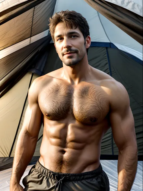 masterpiece, best quality, high resolution, closeup portrait, male focus, solo focus, a man, hiker, 35 years old, bare chest, dimples, pretty face, attractive, cute smirk, short trimmed mustache and goatee, hairy legs, in a tent, in the background a tent, ...