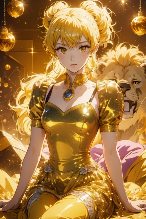 anime style; 3d; glitter; horoscope sign Leo; color yellow; Lion details; ♌ symbol; citrine stone;