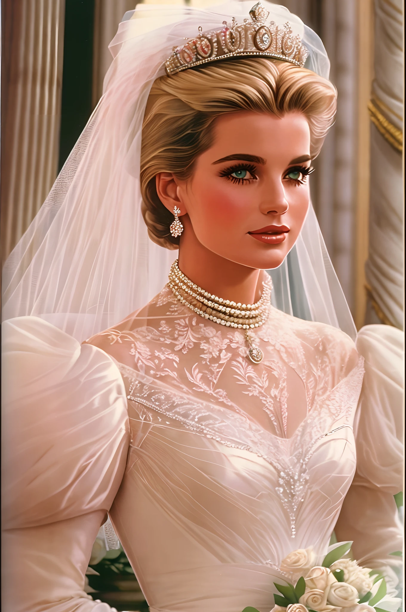 1980s style, Grace Kelly's royal wedding dress updated for the late 1980's with a Cinderella aesthetic and influence from Princess Diana's and Sarah Ferguson's wedding dresses