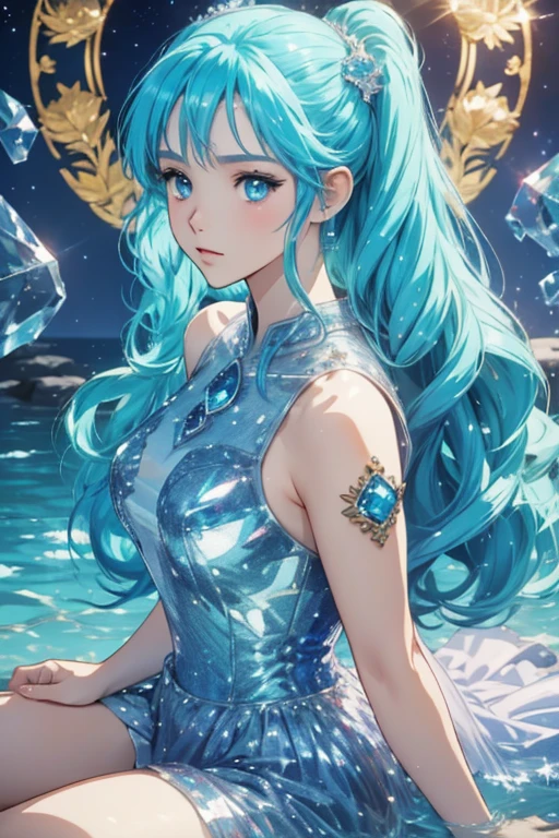 anime style; 3d; glitter; horoscope sign Aquarius ; color ligh blue; Water Bearer details; ♒ symbol; RPG; mystical; aquamarine stone