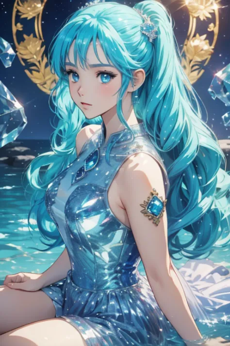anime style; 3d; glitter; horoscope sign Aquarius ; color ligh blue; Water Bearer details; ♒ symbol; RPG; mystical; aquamarine s...