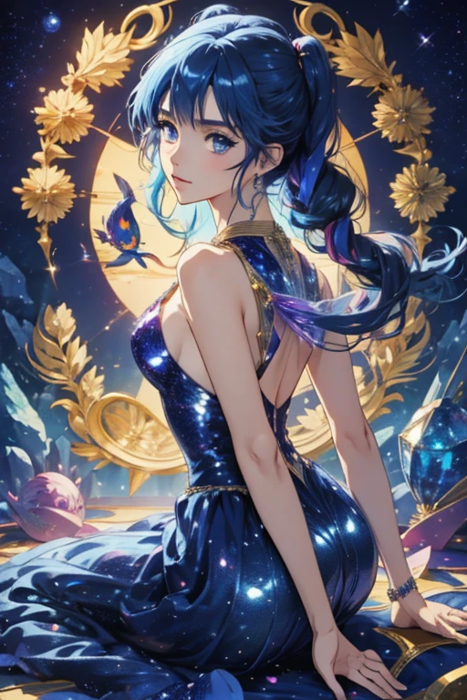 Style animé; 3D; Paillettes; signe astrologique Poissons ; couleur bleu foncé; Détails du poisson; ♓ symbole; pierre de lapis-lazuli;