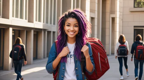 Create a prompt to generate images of a college student with an alternative style, wearing trendy and cool clothes, vibrant and colorful hair, with bold makeup and subtle piercings, smiling. The lighting should be cinematic, creating shadows and highlights...
