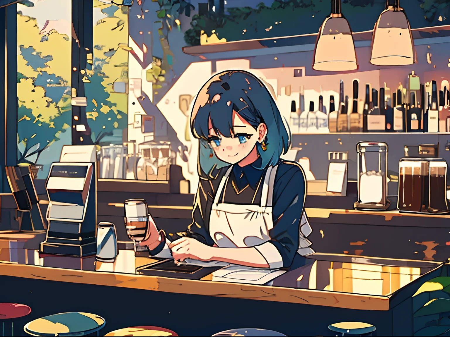 1girl, adult, dark blue hair, messy hair, medium size hair, light blue eyes, black shirt, black jeans, beige apron, working, bartender, waitress, making coffee, cafe bar, concentration, looking away, happy, cozy, chill, illustration, masterpiece, ghibli, perfection, high quality, converse shoes, behind the bar counter, doing her job, customers, sunny, black cross earrings, anime lofi, warm, gold temperature