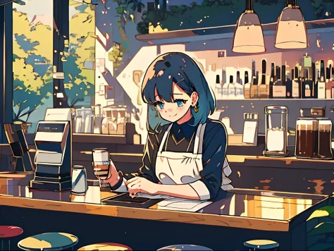 1girl, adult, dark blue hair, messy hair, medium size hair, light blue eyes, black shirt, black jeans, beige apron, working, bar...