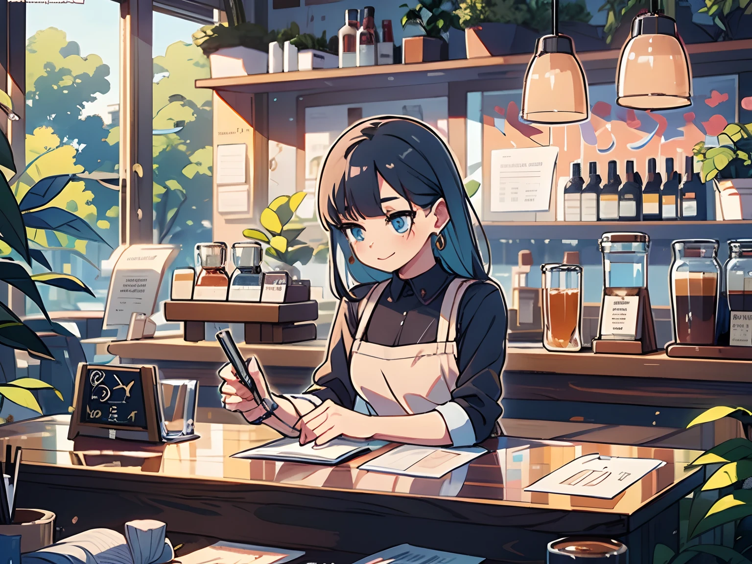 1girl, adult, dark blue hair, messy hair, medium size hair, light blue eyes, black shirt, black jeans, beige apron, working, bartender, waitress, making coffee, cafe bar, concentration, looking away, happy, cozy, chill, illustration, masterpiece, ghibli, perfection, high quality, converse shoes, behind the bar counter, doing her job, customers, sunny, black cross earrings, anime lofi, warm, gold temperature