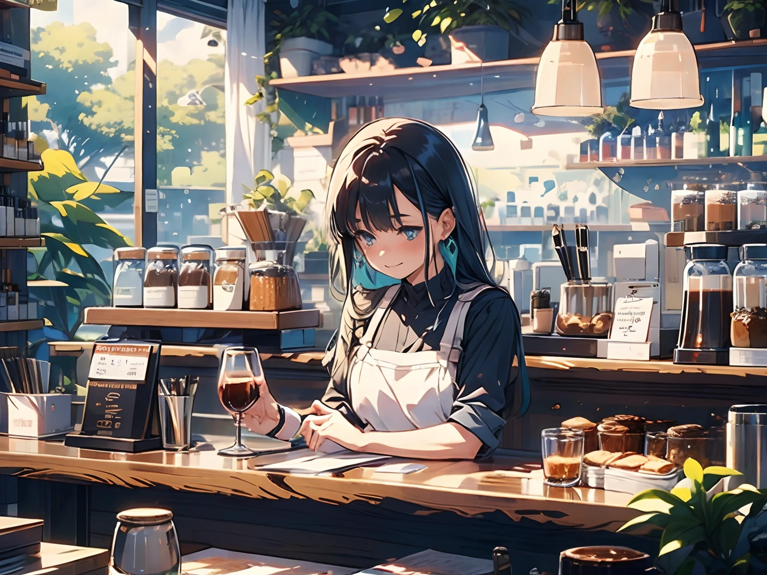 1girl, adult, dark blue hair, messy hair, medium size hair, light blue eyes, black shirt, black jeans, beige apron, working, bartender, waitress, making coffee, cafe bar, concentration, looking away, happy, cozy, chill, illustration, masterpiece, ghibli, perfection, high quality, converse shoes, behind the bar counter, doing her job, customers, sunny, black cross earrings, anime lofi, warm, gold temperature