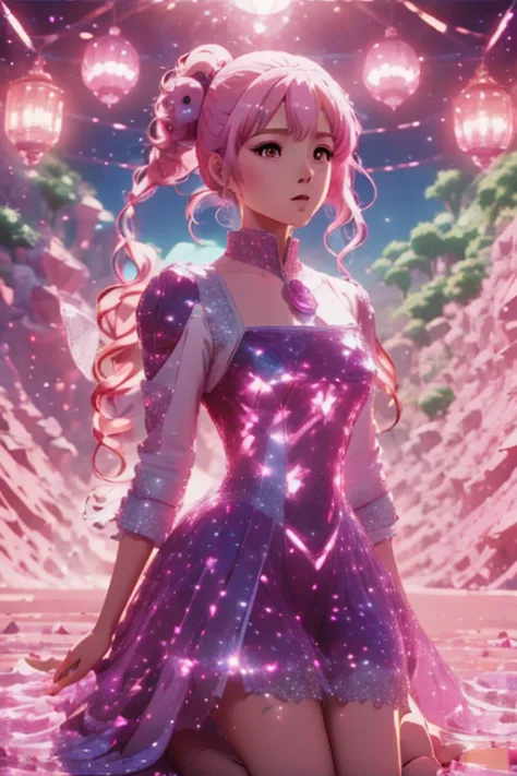 anime style; 3d; glitter; horoscope sign Virgo; color pink; Virgin details; ♍ symbol; rose quartz stone