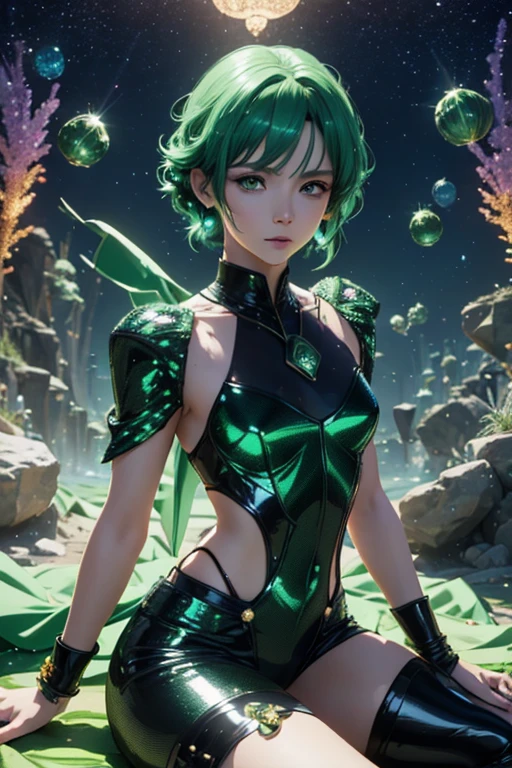 anime style; 3d; glitter; horoscope sign Scorpius; color dark green; Scorpion details; ♏ symbol; malachite stone;