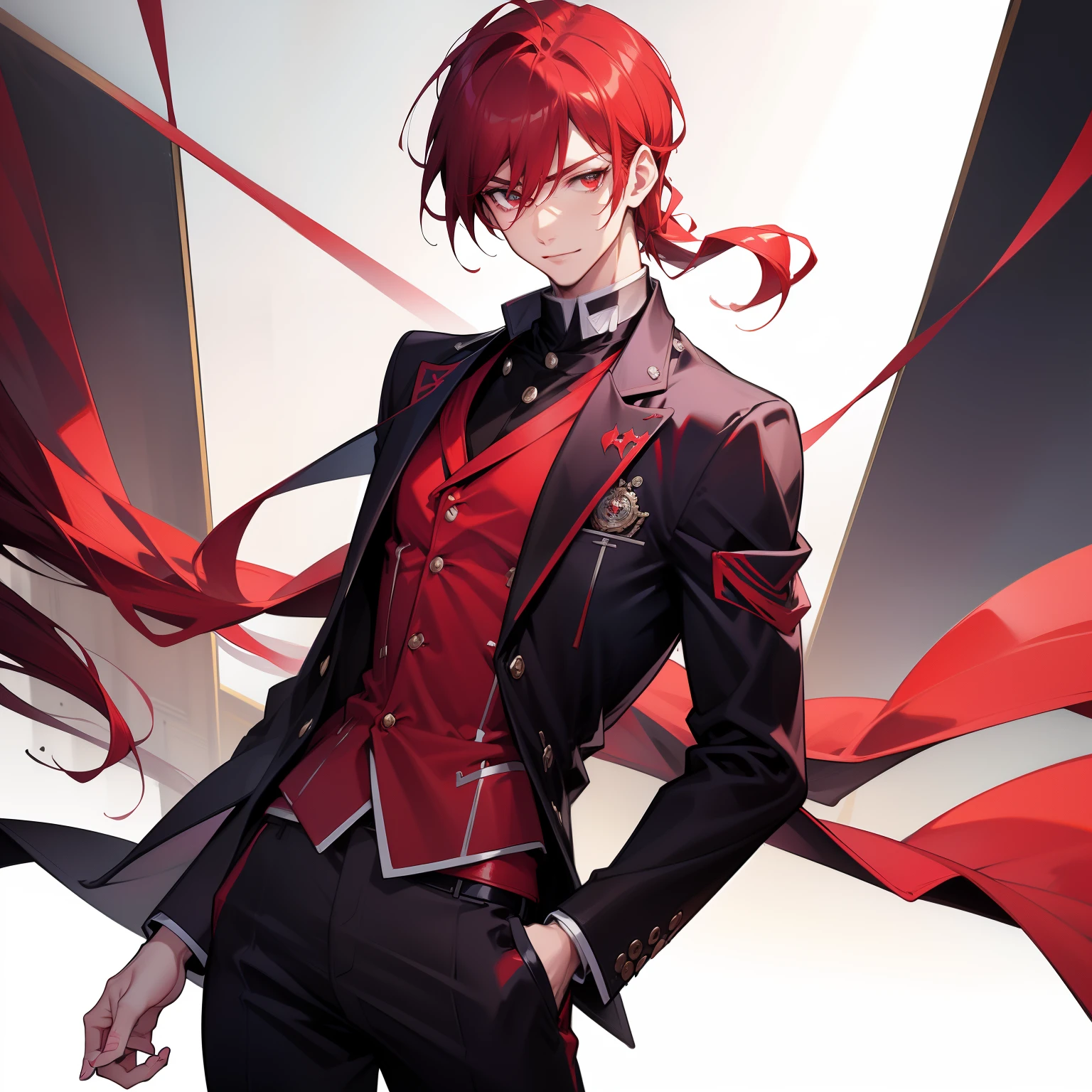 villain, 1 male, slender figure:1.1, quirky smirk, red slick back hair, top hat, red outfit (cyberpunk clothes:1.1), anime style portrait, Big question mark on middle of chest