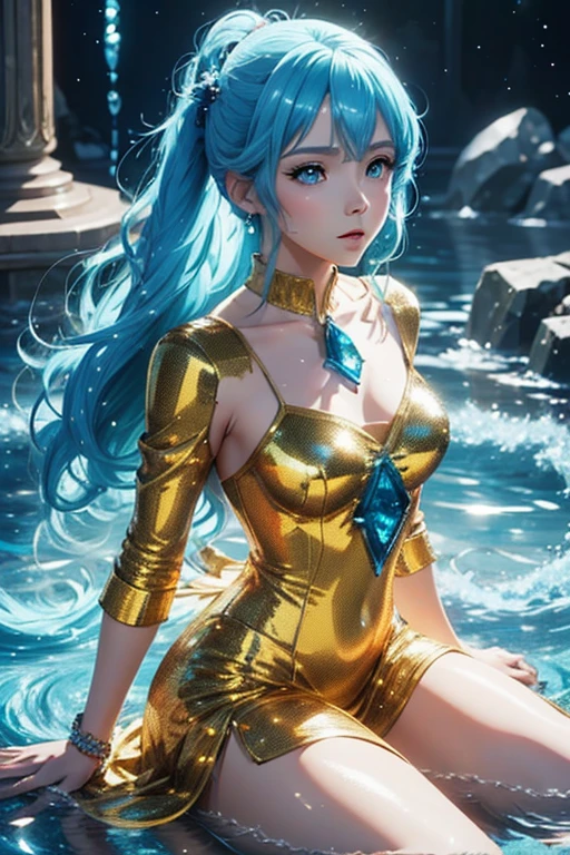 anime style; 3d; glitter; horoscope sign Aquarius ; color ligh blue; Water Bearer details; ♒ symbol; RPG; mystical; aquamarine stone