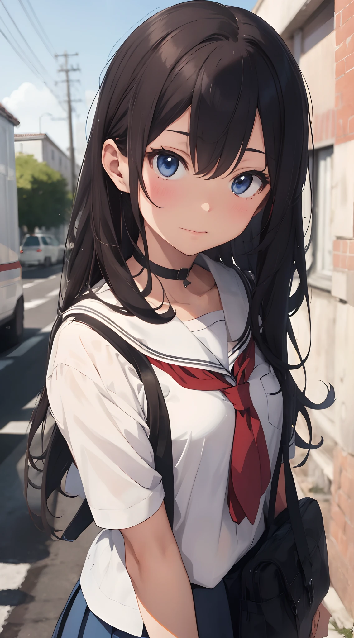 Chica anime con cabello largo y negro y ojos azules en uniforme escolar. -  SeaArt AI