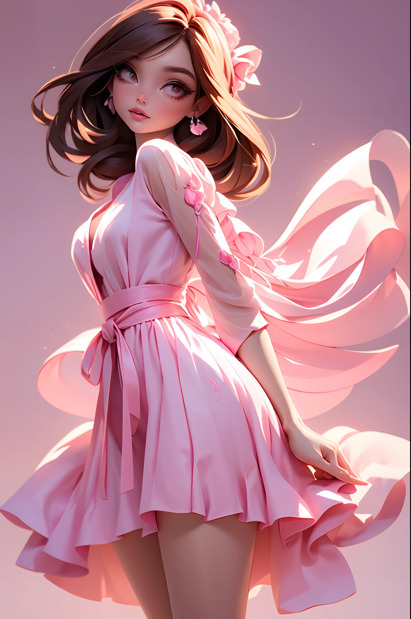 Create a series a woman in stunning pink fushia dress with ribbons in pink october theme, faixa rosa, long flowing dress, with solid bottom, cor rosa fushia vestido, modelo, elegante, bonita, vestido alta costura