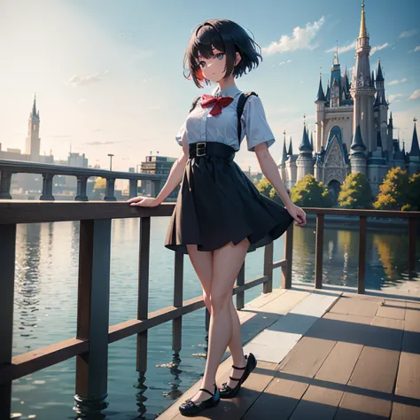 (masterpiece,newest,exceptional:1.2), anime,1girl,bangs,black_hair, beautiful 8k eyes,blue_sky,bridge,building,castle,city,citys...