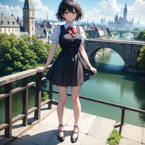 (masterpiece,newest,exceptional:1.2), anime,1girl,bangs,black_hair, beautiful 8k eyes,blue_sky,bridge,building,castle,city,citys...