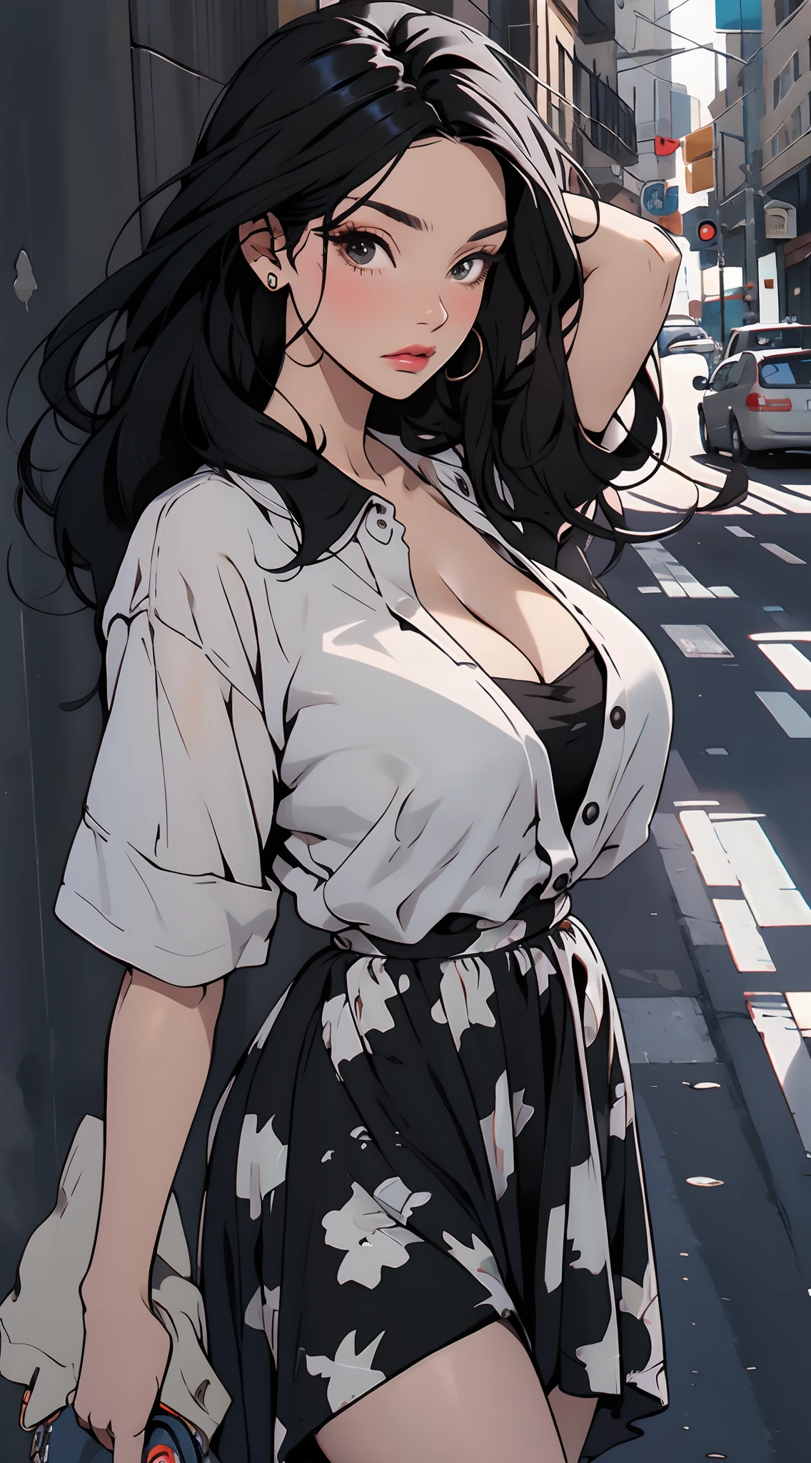 fashionable, long black hair, soft expression, cleavage, big breasts, dress, street clothes, on the street, cowboy shot