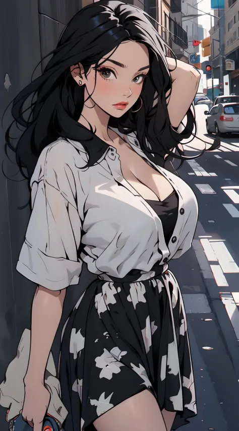 fashionable, long black hair, soft expression, cleavage, big breasts, dress, street clothes, on the street, cowboy shot