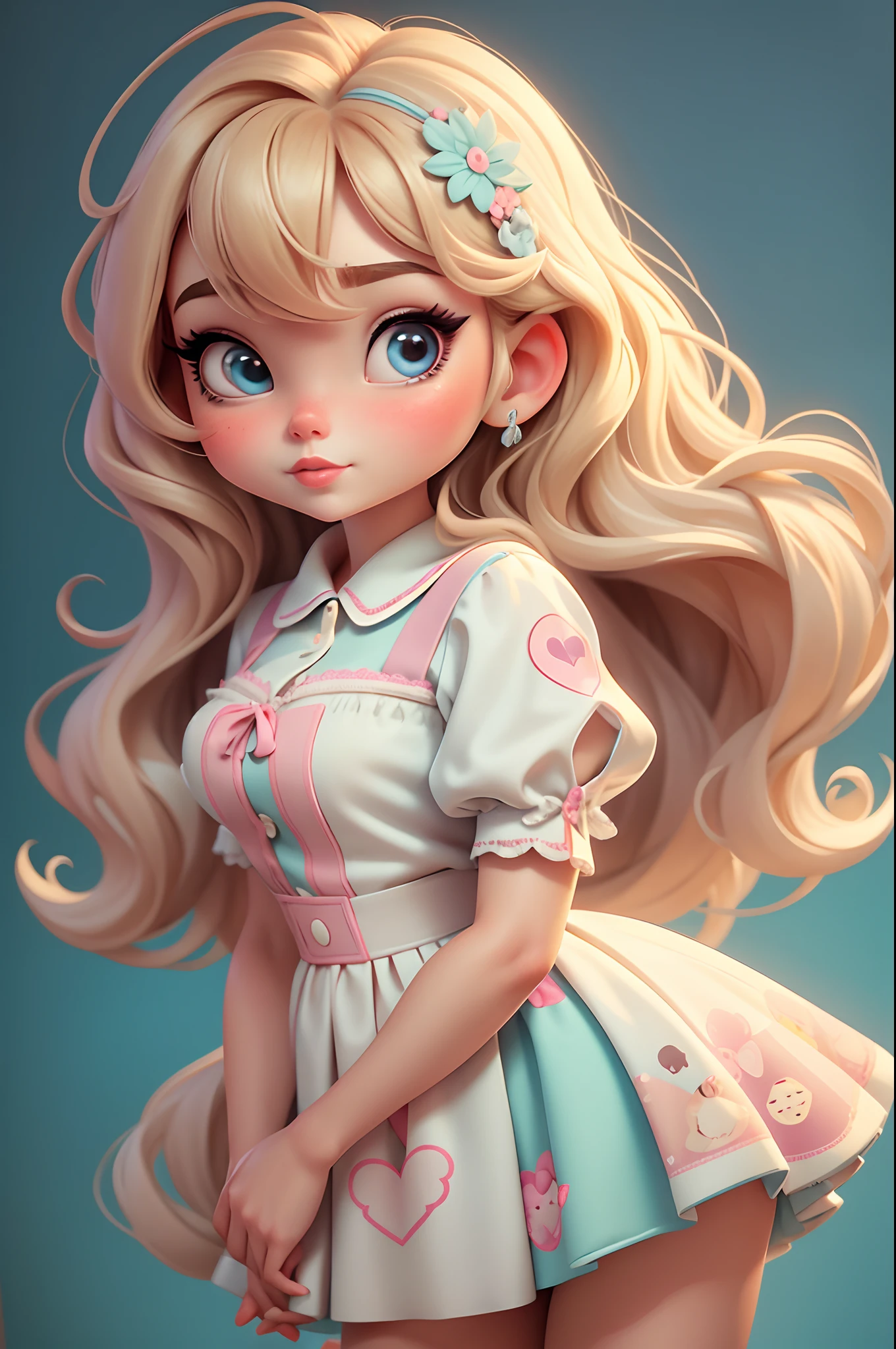 imagem de alta qualidade de uma boneca chibi Taylor Swift: boneca chibi Taylor Swift,illustration,detalhes delicados,Pose encantadora,lovely expression,cores suaves,roupa bonita,cabelos intrincados,beautiful eyes and lips,melhor qualidade,ultra-detalhado,fotorrealista,vivid colors, solid background, profesional lighting, girly accessories, espressiva, roupa de chef, cozinheira, cupcakes