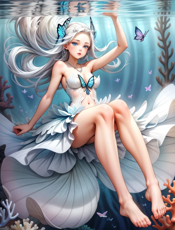 Naked woman, blue eyes, white hair, butterfly dress, no shoes, floating high heals, underwater, coral reef, fish, dark backround, high detail, intricate detail, beutiful face, beutiful shell necklace, flower in hair