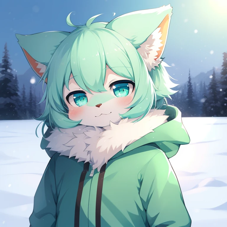 Furry art,(anthro,Fluffy fur,Character focus:1.1),by Dagasi, Yupa,Kiyosan，solo person, generic furry style,SF version，（Mint green fur，blue color eyes），professional furry drawing，snowfield，Snowy weather