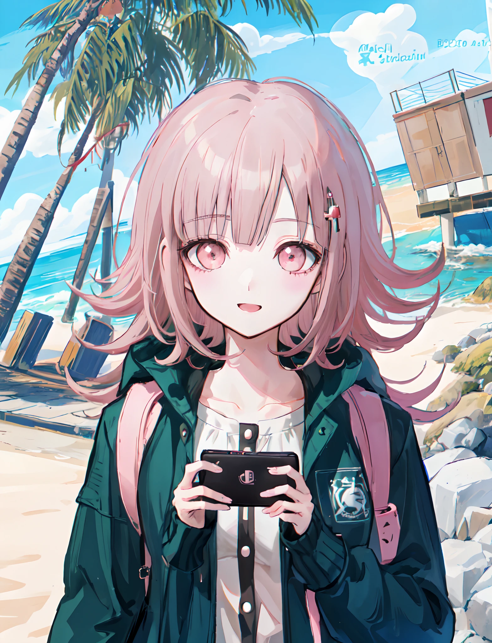 chica anime con cabello rosa y sudadera con capucha de chaqueta verde azulado oscuro de pie frente a una playa, 8k, Chiaki nanami sosteniendo una consola de juegos portátil, sonrisa suave, ojos rosados