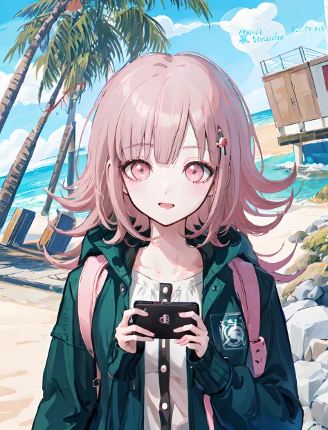 chica anime con cabello rosa y sudadera con capucha de chaqueta verde azulado oscuro de pie frente a una playa, 8k, chiaki nanam...