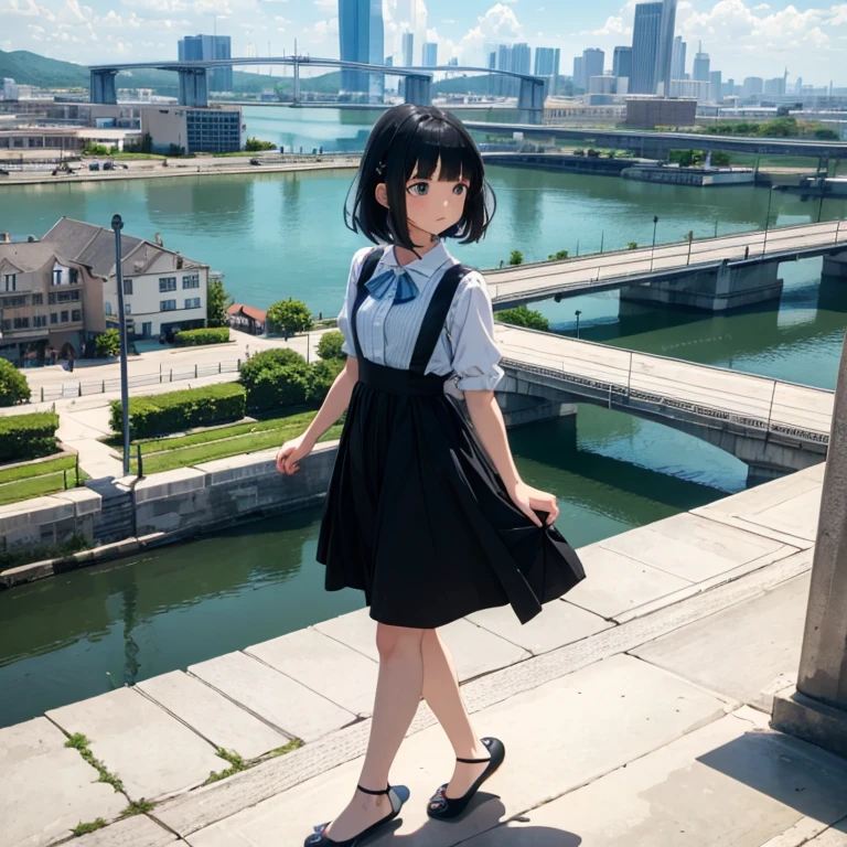 (masterpiece,newest,exceptional:1.2), anime,1girl,bangs,black_hair, beautiful 8k eyes,blue_sky,bridge,building,castle,city,cityscape,cloud,day,dress,looking_at_viewer,outdoors,red_neckwear,red_ribbon,ribbon,river,short_hair,short_sleeves,sky,skyscraper,solo,standing,town,water,  ballerina flat shoes