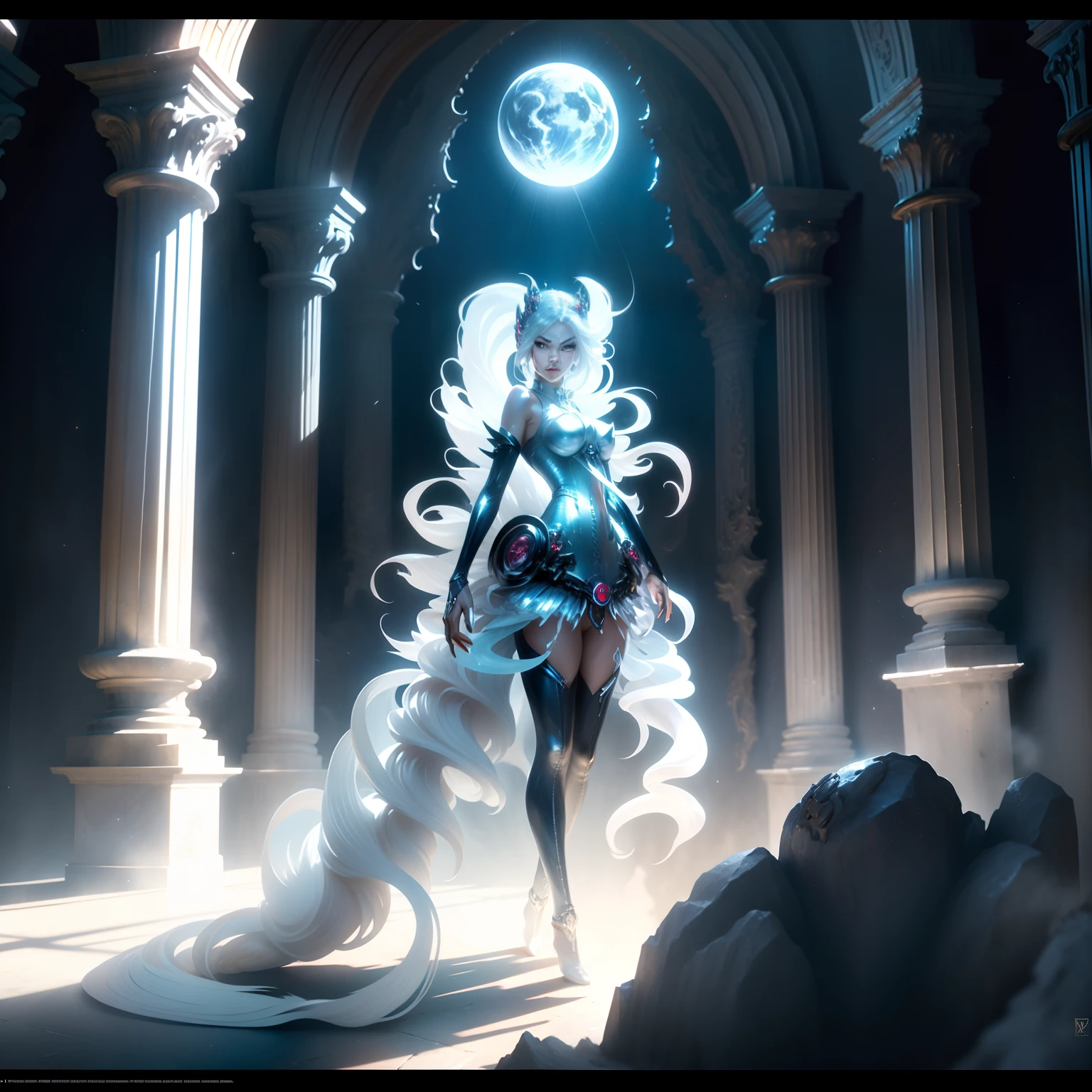Incredibly detailed photograph of a beautiful vampire alien woman, Renaissance, long white hair, intricate white eyes, genial, ethereal, hyper-detailed, 32k resolution, dynamic  lighting, Covered navel, hyper detailed, Intrinsically detailed, trends on Artstation, white luxury suit, volumetric illumination, BalenciagaStyle, Standing full length in front of the castle in the moonlight