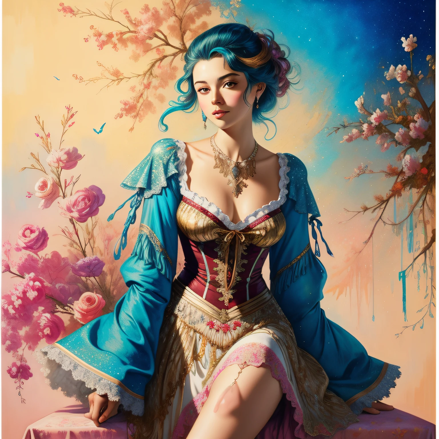 art by Jean-Gabriel Domergue, A pretty teenager, digitl art, an ultra hd detailed painting, Jean-Baptiste Monge style, Ablaze, bonitas, Start, Glittering, cute and adorable, filigreed, Uplighting, lights, extremely, magie, surreal, fancy, digitl art, wlop, artgerm and james jean