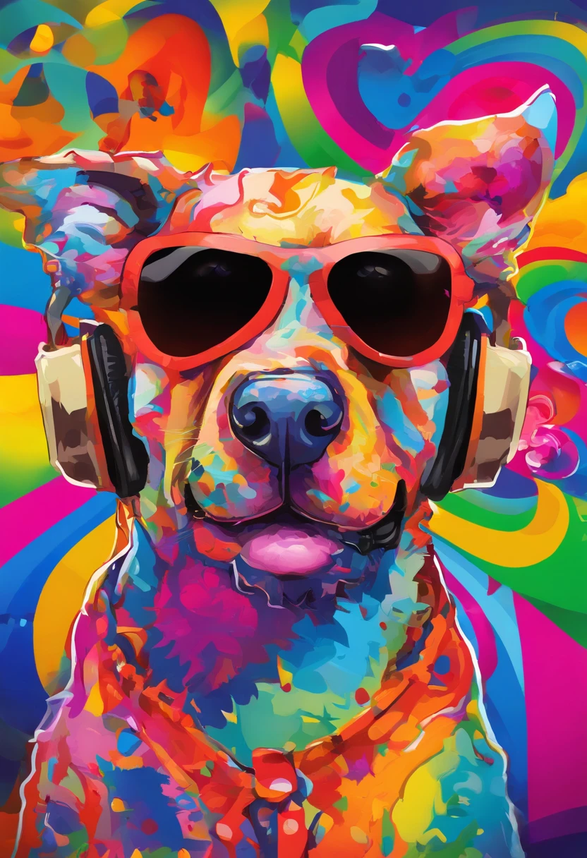 graphics, diverse and playful geometric figures, Rainbow, Romero Britto, Salvador Dali, one dog, A domestic canine animal in sunglasses and DJ headphones and with the thought running through his fingers and the confusion of memory ((white and black background)), dog face, the dog&#39;s mustache, the dog&#39;s tail, the microphone, the headset, The sunglasses, exacerbated contrasts, piercing eyes, colorful and cheerful, Dull and sad, Art Watercolor Painting Oil Paint, abstrato, Epic Instagram, art-station, colorful ink splash style splash+, Contour, hyper-detailed intricately detailed, awesome, details Intricate, splashscreen, colors complementary, conceito realista abstrato Romero Britto de arte, 8K, deviantart masterpiece, oil-painting, heavy brush strokes, paint drips, splash arts.