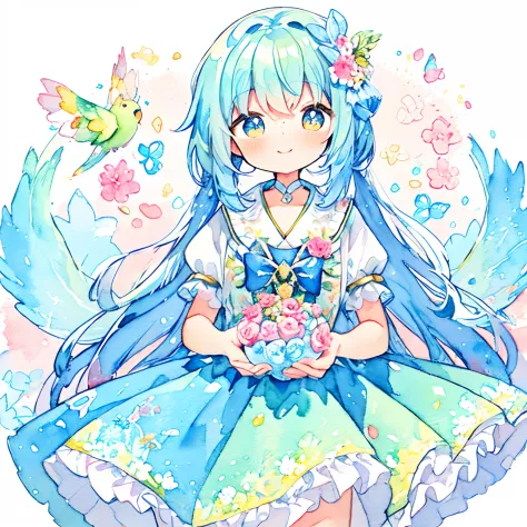 （parakeet、Fairy girl surrounded by Herelis flowers 、Beautiful feathers that sparkle on the back、The background is a world in a s...
