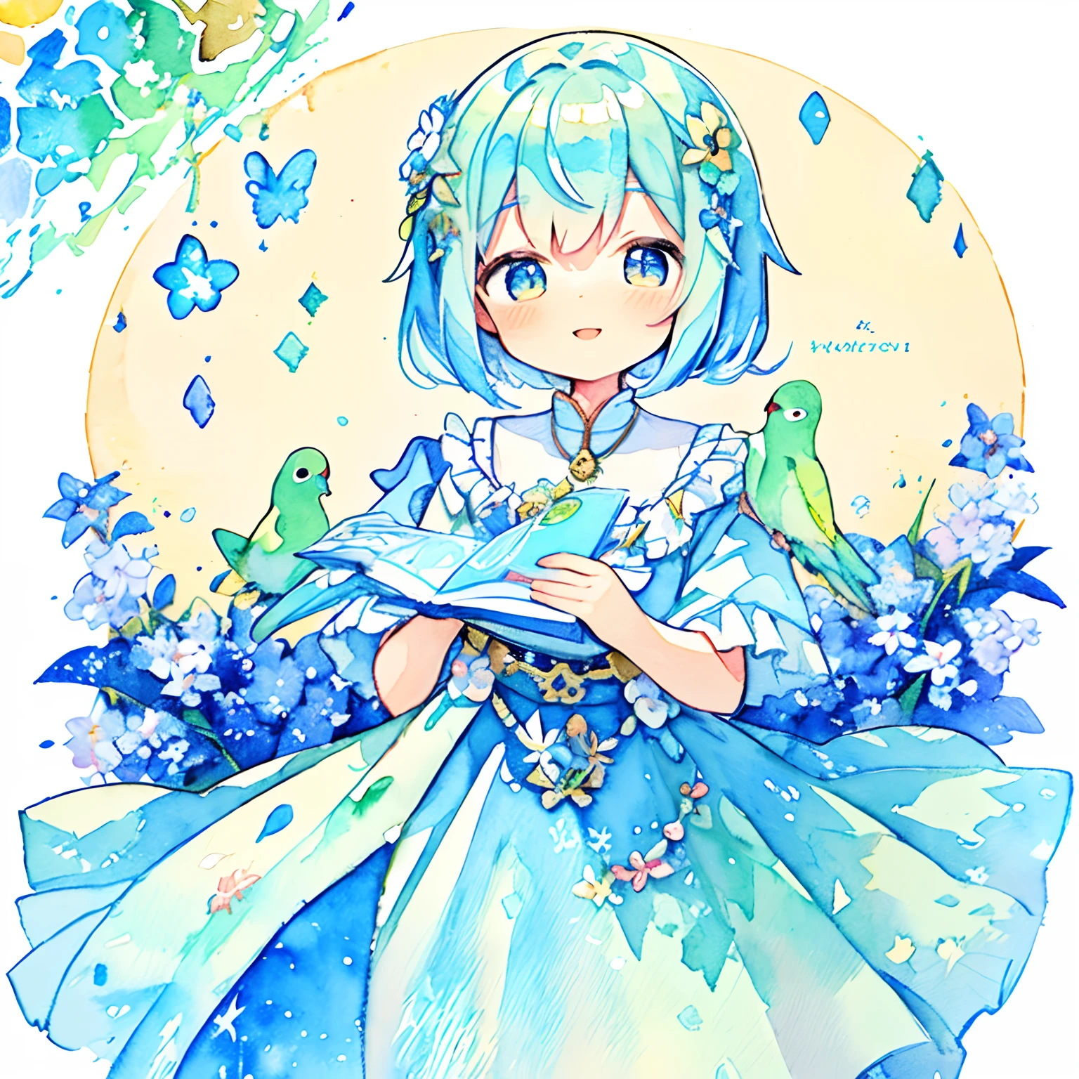 （parakeet、Fairy girl surrounded by Herelis flowers 、Beautiful feathers that sparkle on the back、The background is a world in a sparkling picture book、A smile）、1girl in、（PastelColors:1.2)、(Cute illustration:1.2)、(watercolor paiting:1.2)、Pale blue background、