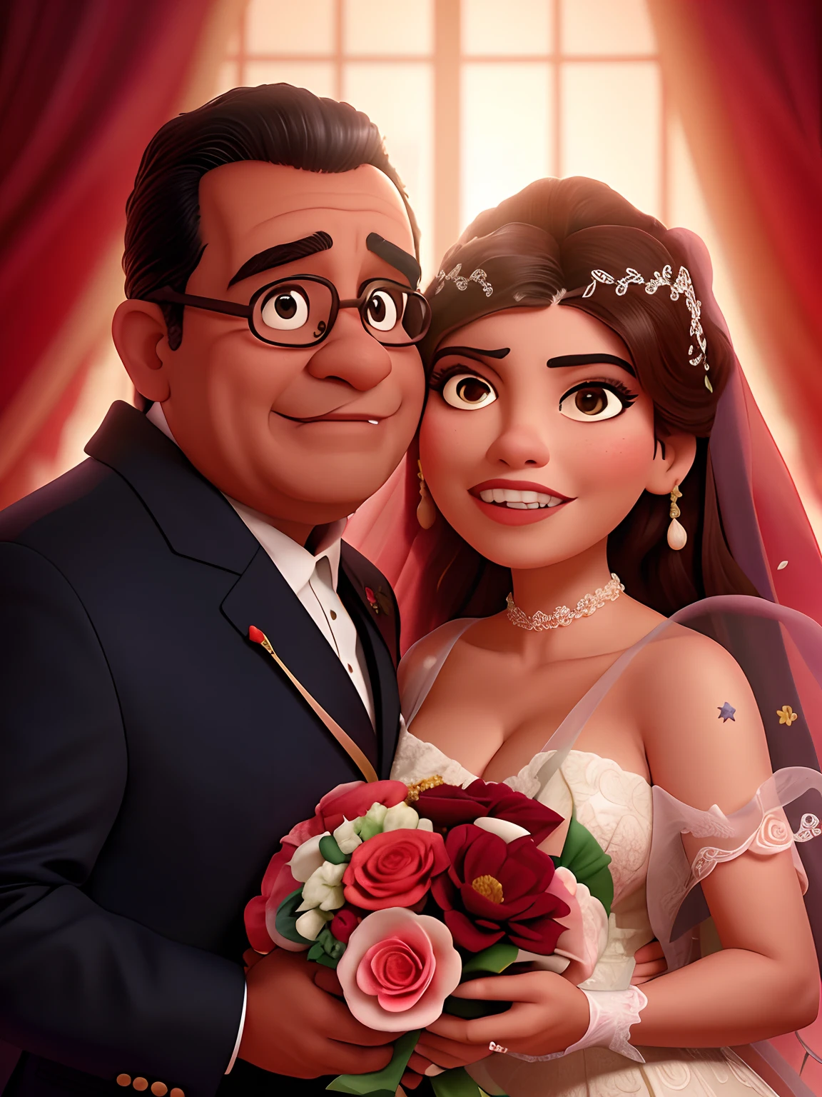 Un primer plano de una caricatura de la novia y el novio sosteniendo flores  - SeaArt AI