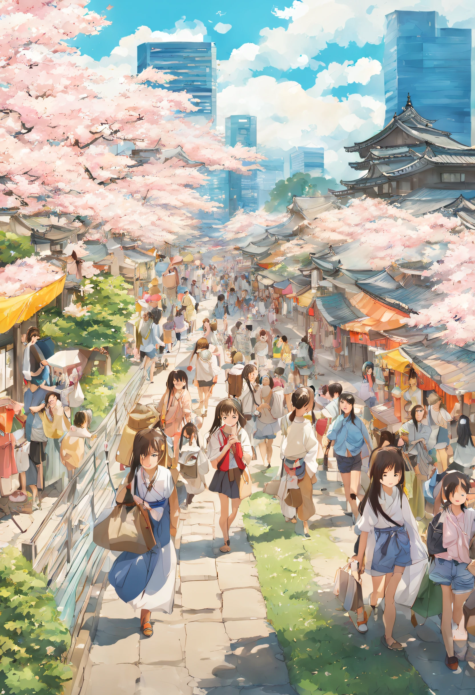 Summer festival Japan buildings and scenery with many people beautiful girl