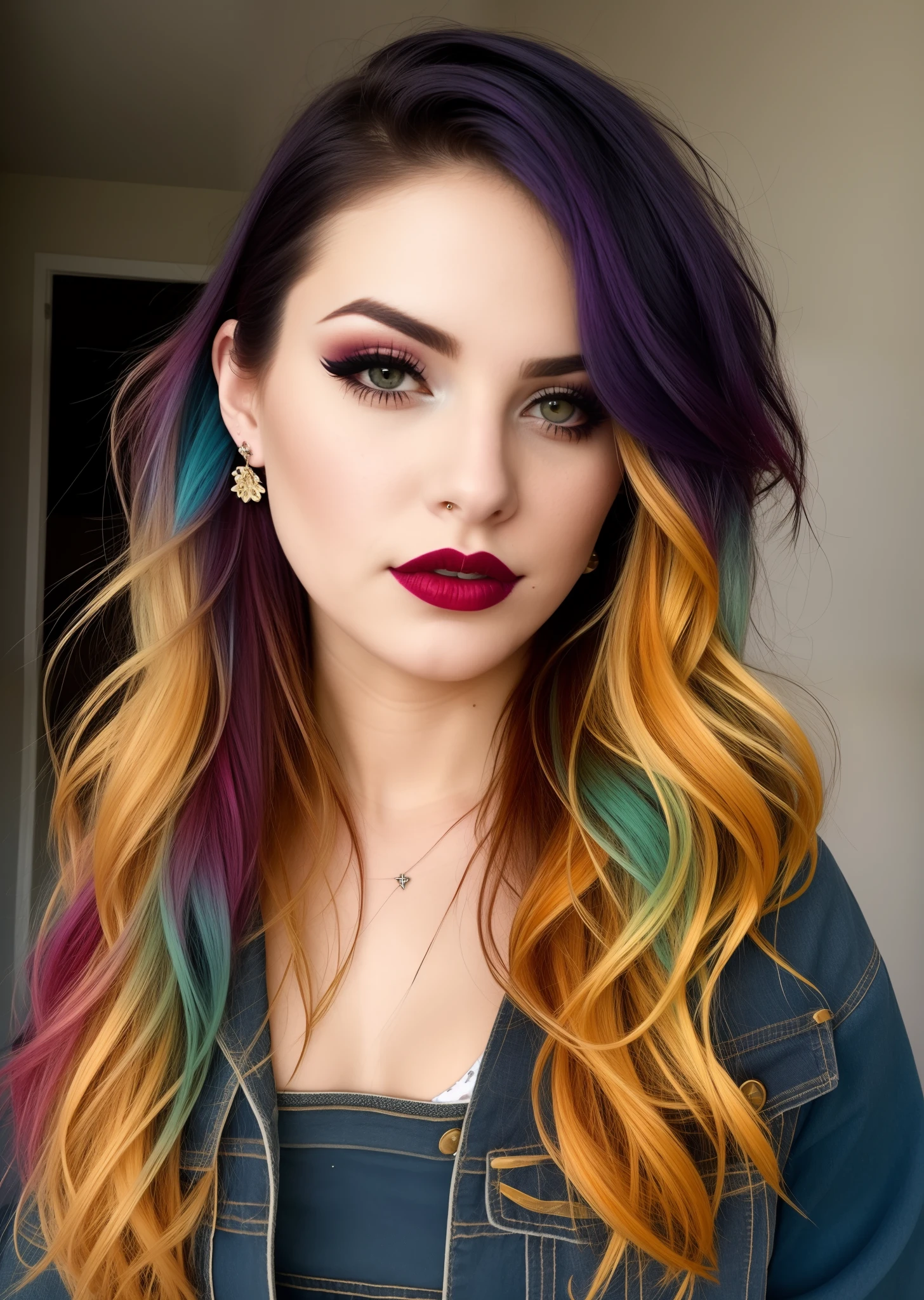 A woman with colorful hair and a denim jacket - SeaArt AI