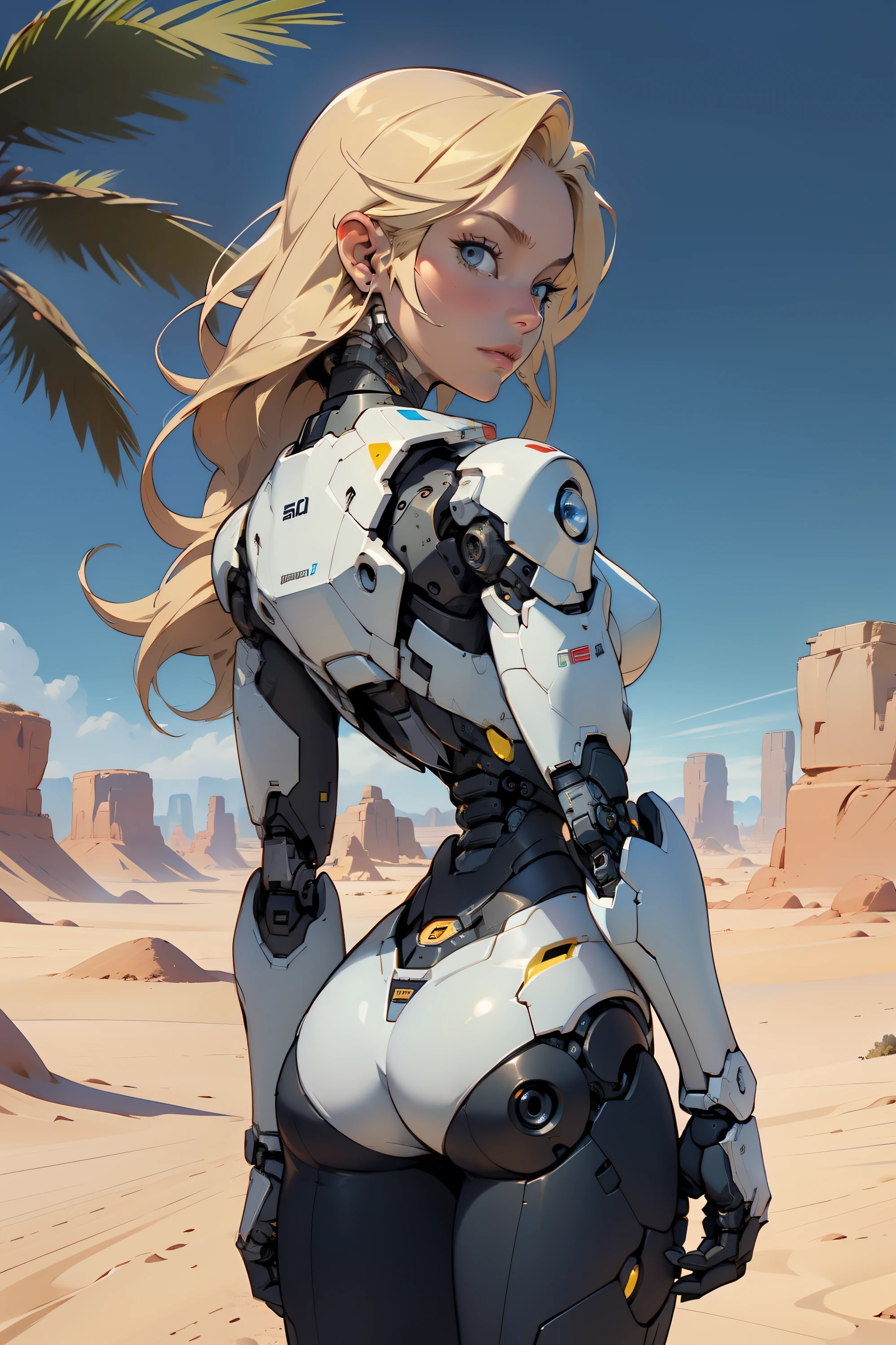 high quality, 4k, masterpiece, beautiful, cyborg girl, cowboy shot, dull eyes, back side, turning around to look at viewer, long blonde hair, girl, small breasts, fit thigh, robotic arms, robotic body, cyborg body, yellow accent, red accent, intricate detail, joint, detailed lines, robotic detail, holding fist up, holding hand up as fist, color robotic parts, robotic parts with color, perfect fingers, on a desert planet, sunny background, colorful desert,