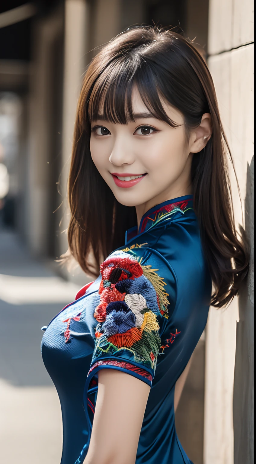 (top-quality、超A high resolution、​masterpiece:1.3), Midhair with bangs, Detailed moisturized eyes, Textured skin, Best Quality, 8K, blurry backround, (Colossal tits, long legged, Legs exposed through slits), Wearing slip-ons, Natural Color Lip, ssmile, Woman with perfect style, You're in a high-traffic area, (Colorful patterns(Red and blue embroidery)Cheongsam for girls:1.2), Facing the front, Looking at the camera