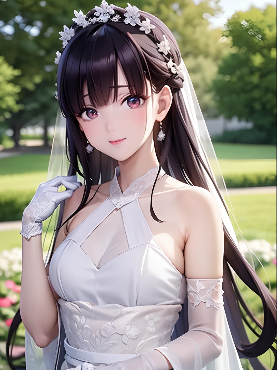 masuter piece, Best Quality, 超A high resolution, top-quality, Anime style, My happy marriage, Saimori Mercer, Beautiful woman in white wedding dress, Black-purple hair, Longhaire, Beautiful wedding dresses in white, Beautiful light makeup, Upstyle, Keeping hair together, (1girll:1.3), veils, Laughing, Top Nomit, long gloves with white lace