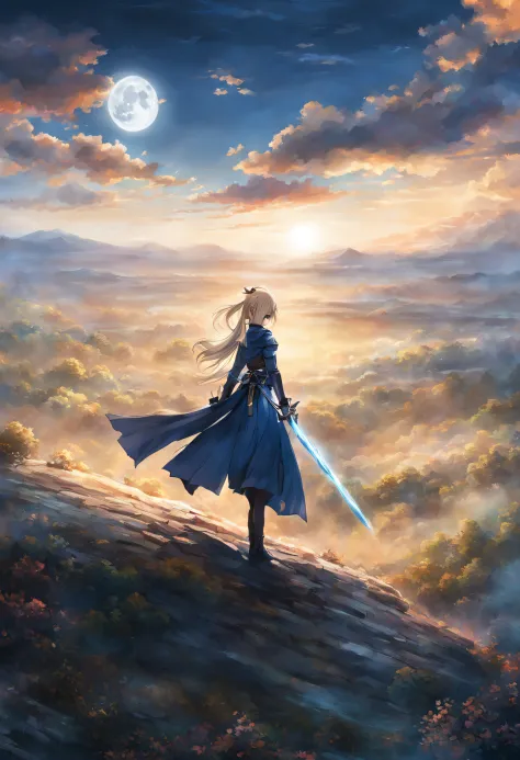 high quality, beautiful female saber, fantastic, feels like a ufotable, unique barrier, covered in fog, in the enchanting scene ...