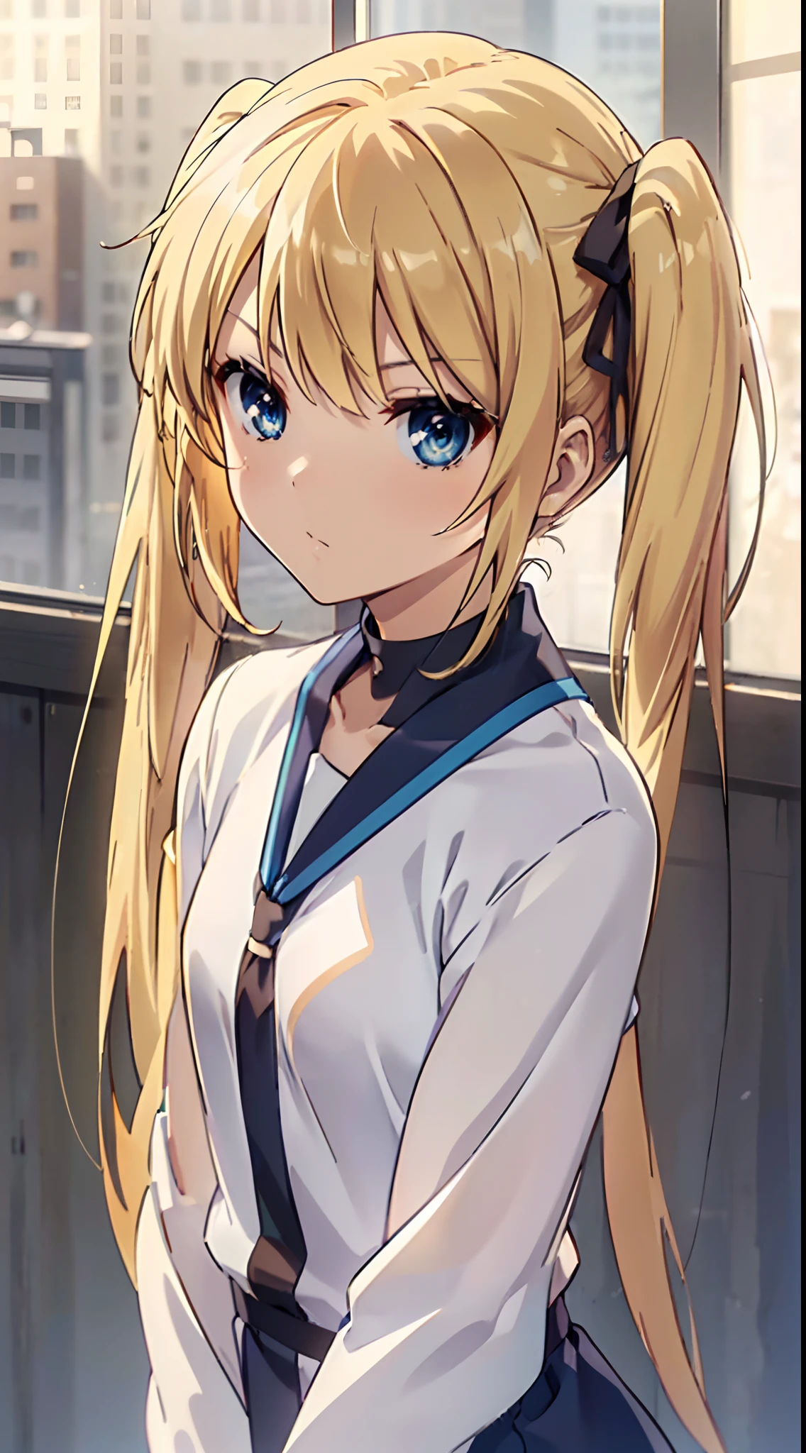 ((masutepiece, hight resolution,depth of fields, 4K,nffsw,))) solo,Bright blonde hair,((Thin and long twin tails located high)),blunt bangs,hairs between eyes,short sideburns,Beautiful blue eyes,Thin eyebrows,de pele branca,Smaller chest,tall stature,teenager,looking at viewer