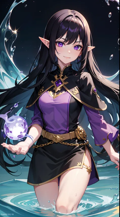 young girl, Long black hair, violet eyes, elf ears, smirk, Purple Sorcerer Form, Gold Elements, water magic, Masterpiece, hiquality, 4k, HD, Good detail