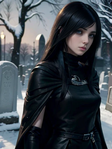 ((emo_hairstyle)), (((Jessica_Faulkner))), pale skin, tight black cloak, grey eyes, dynamic pose, long hair, straight hair, long bob, (((black hair))), white skin, pale, white, cemetery, moonlight, leather turtleneck, snow, long bob hairstyle, swept bangs, (best quality, 8k, masterpiece:1.2, ultra-detailed, realistic, photorealistic)